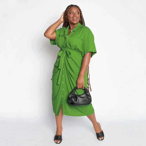 green ruched shirt dress Wholesale MOQ6 Ruched Button Up Collared Neck Long Sleeve Shirt Dress main image 0